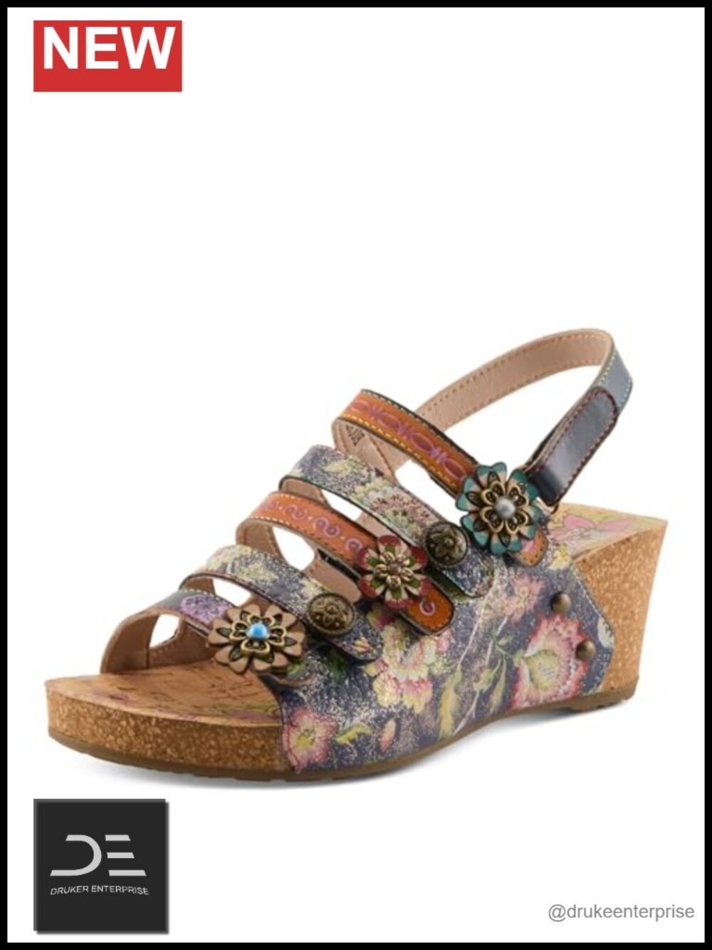 Women's Leather Floral Wedge Sandals Hand-Painted Cushioned Comfort